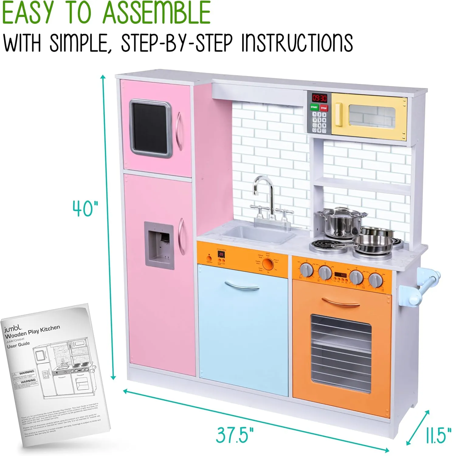 Lil' Jumbl Kids Kitchen Set, Pretend Wooden Play Kitchen, Battery Operated Icemaker & Microwave with Realistic Sound, Pots & Pan Included - Colorful