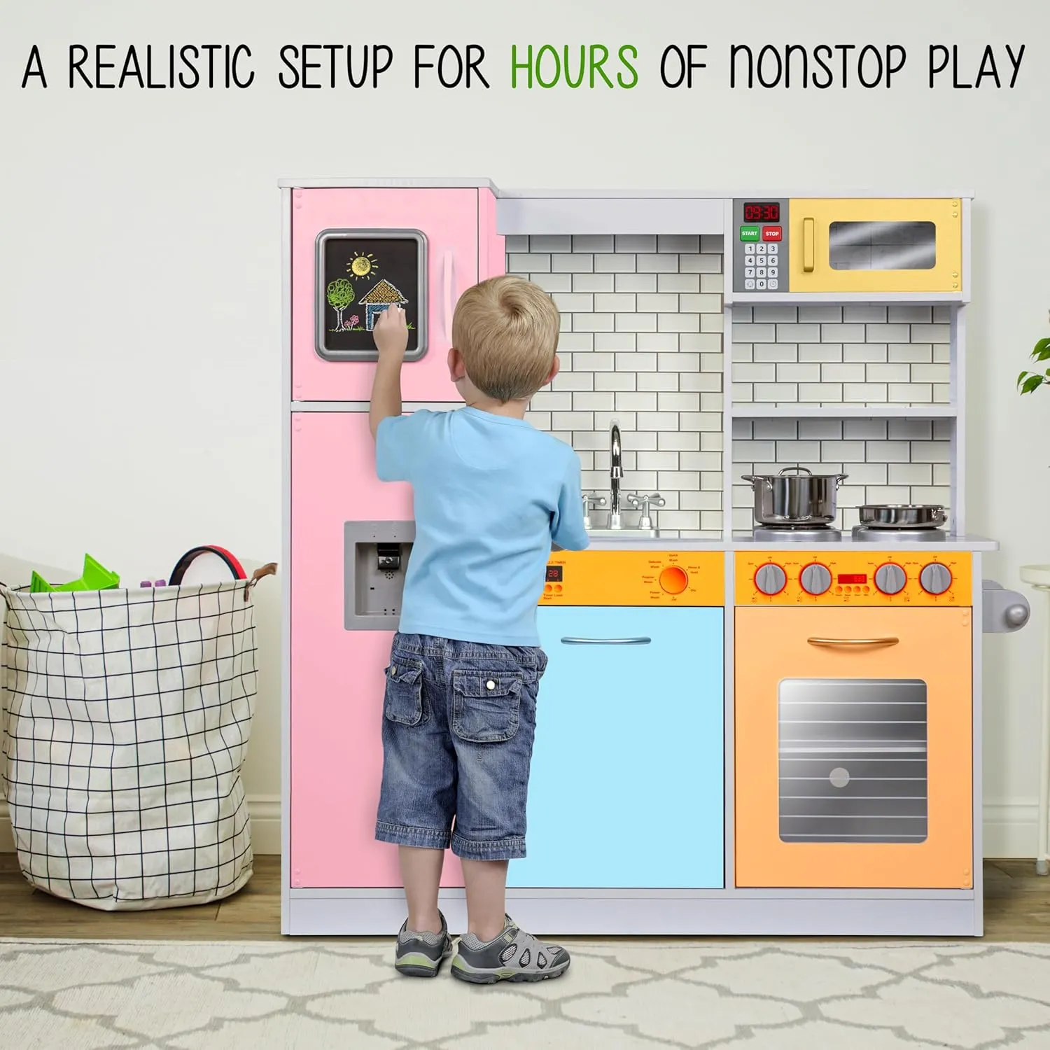 Lil' Jumbl Kids Kitchen Set, Pretend Wooden Play Kitchen, Battery Operated Icemaker & Microwave with Realistic Sound, Pots & Pan Included - Colorful