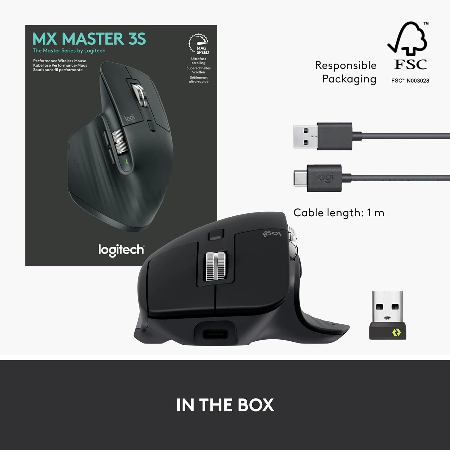 Logitech MX Master 3S Wireless Mouse, Ultra-fast Scrolling, Ergo, 8K DPI, Track on Glass, Quiet Clicks, USB-C, Bluetooth, Windows, Linux, Chrome - Graphite