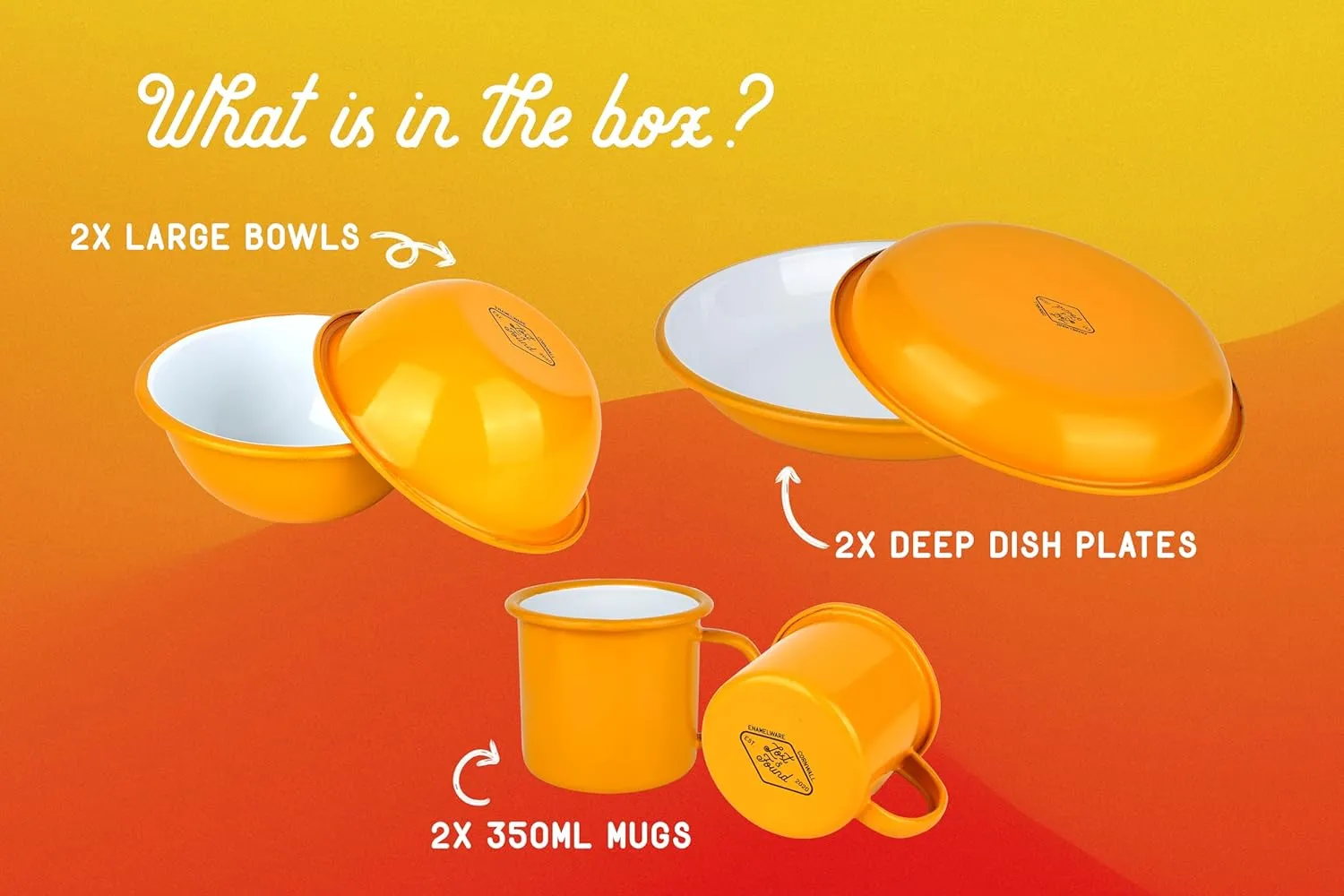 Lost & Found Cornwall 6 Piece Premium Enamelware Dining Set | 2* Bowls Deep Dish Plates Mugs | for Outdoor Camping Hiking Vanlife (Campfire Yellow)