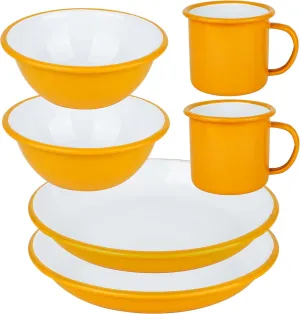 Lost & Found Cornwall 6 Piece Premium Enamelware Dining Set | 2* Bowls Deep Dish Plates Mugs | for Outdoor Camping Hiking Vanlife (Campfire Yellow)