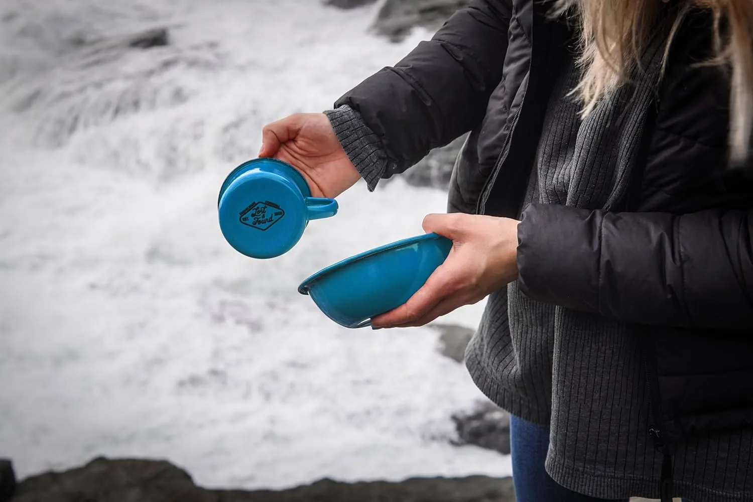 Lost & Found Cornwall 6 Piece Premium Enamelware Dining Set | 2* Bowls Deep Dish Plates Mugs | for Outdoor Camping Hiking Vanlife (Glacier Blue)