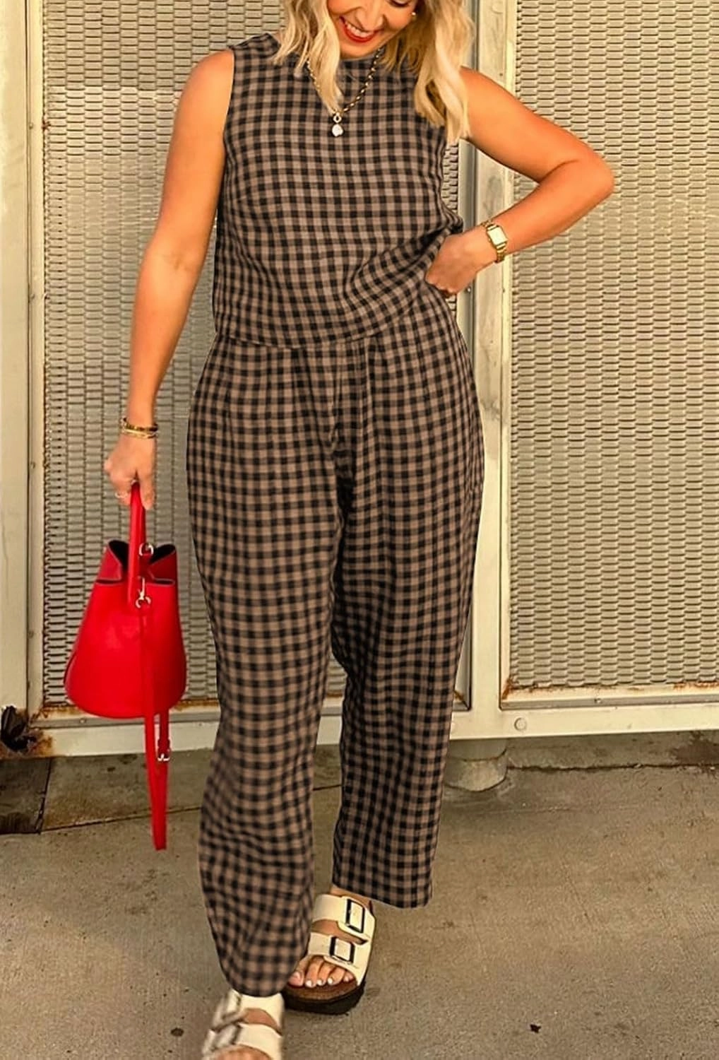 loveimgs Women 2 Piece Pants Set Lounge Summer Outfit Sleeveless Plaid Vest Tank Top Tracksuit Lightweight Pants Set
