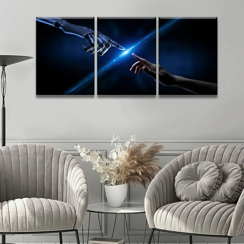 LSIUHWUWI 3 Piece AI Robotics Wall Art AI Canvas Prints Machine Hands and Human Touching Poster for Home Office Living Room Decor Framed Ready to Hang 36" Wx16 H