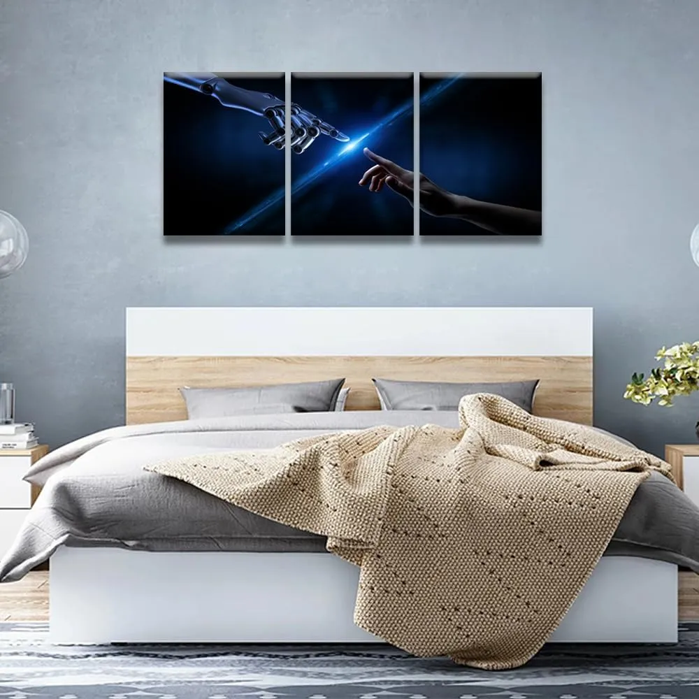 LSIUHWUWI 3 Piece AI Robotics Wall Art AI Canvas Prints Machine Hands and Human Touching Poster for Home Office Living Room Decor Framed Ready to Hang 36" Wx16 H