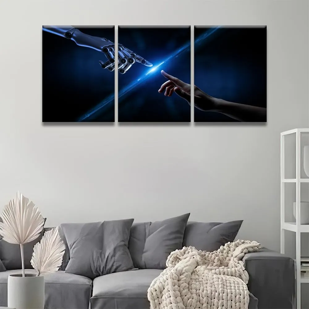 LSIUHWUWI 3 Piece AI Robotics Wall Art AI Canvas Prints Machine Hands and Human Touching Poster for Home Office Living Room Decor Framed Ready to Hang 36" Wx16 H