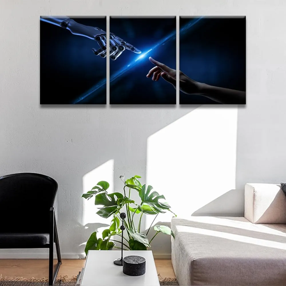 LSIUHWUWI 3 Piece AI Robotics Wall Art AI Canvas Prints Machine Hands and Human Touching Poster for Home Office Living Room Decor Framed Ready to Hang 36" Wx16 H