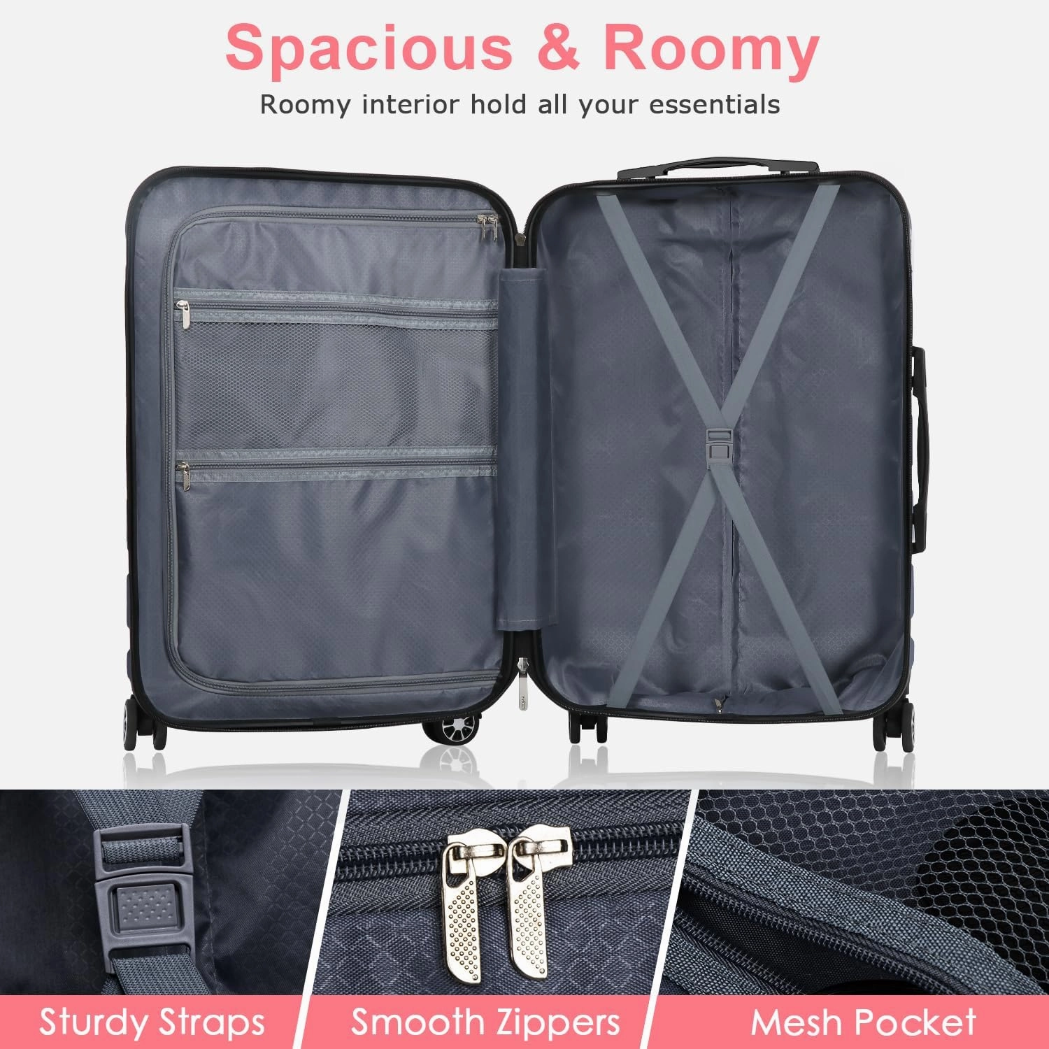 Luggage Sets Hardside Lightweight Suitcase with Spinner Wheels TSA Lock, 3-Piece Set (20/24/28), Pink
