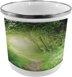 Lunarable Woodland Steel Camping Mug, Scenic Rural in Deep Forest Narrow Path Leading to Nature's Door Among Daisies, Printed Thermal Cup for Camping and Outdoor Activities, Multicolor