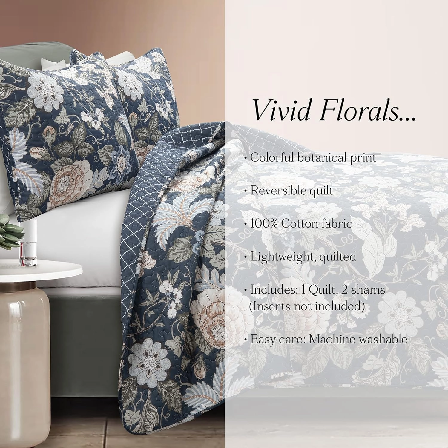 Lush Decor Sydney Reversible Cotton Quilt Navy/Multi 3 Piece Set Full/Queen - Soft Lightweight Printed Floral Bedding Set for All Season