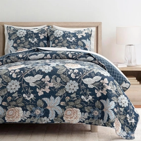Lush Decor Sydney Reversible Cotton Quilt Navy/Multi 3 Piece Set Full/Queen - Soft Lightweight Printed Floral Bedding Set for All Season