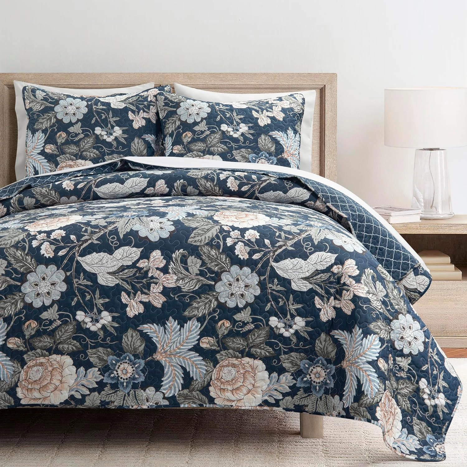 Lush Decor Sydney Reversible Cotton Quilt Navy/Multi 3 Piece Set Full/Queen - Soft Lightweight Printed Floral Bedding Set for All Season