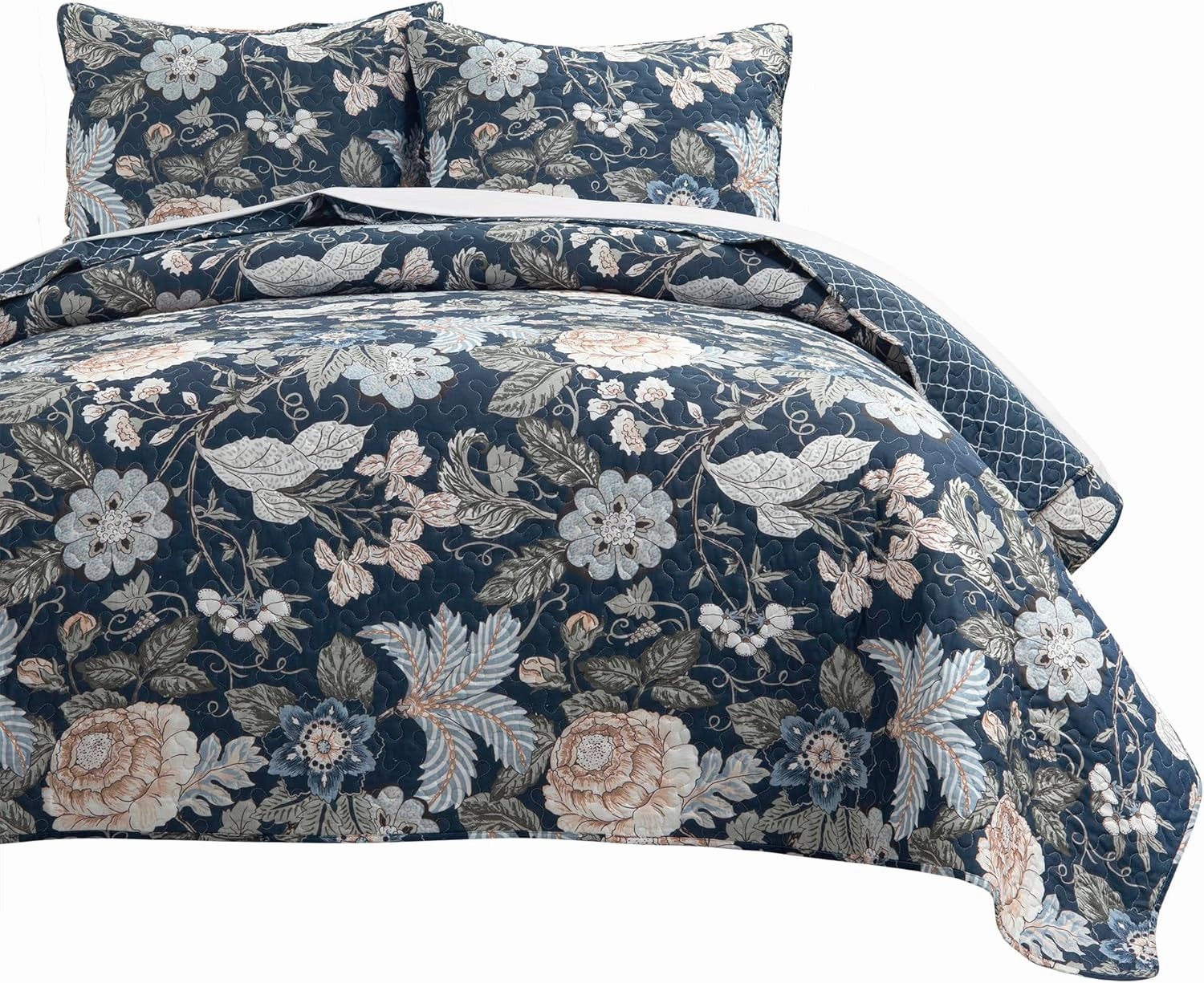 Lush Decor Sydney Reversible Cotton Quilt Navy/Multi 3 Piece Set Full/Queen - Soft Lightweight Printed Floral Bedding Set for All Season