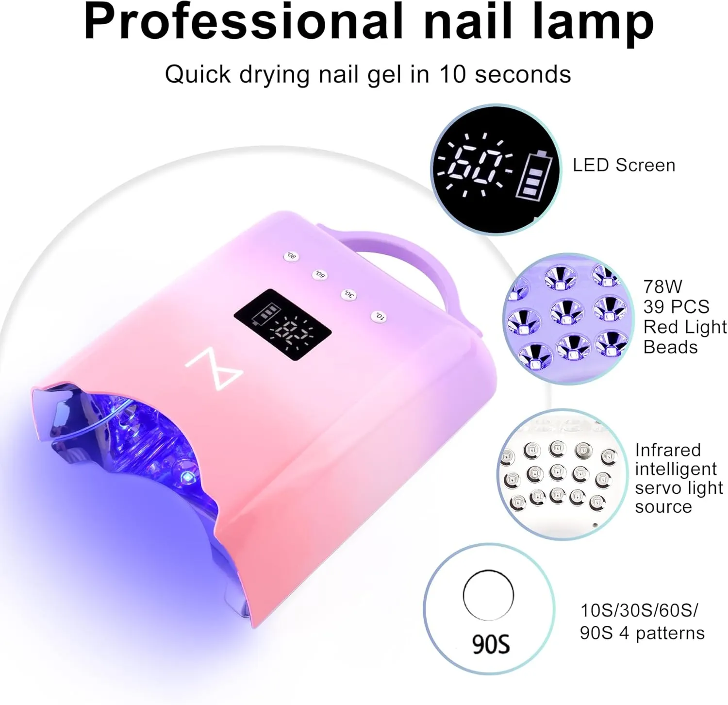 M - NEO Cordless & Rechargeable Nail Curing Lamp 78W with 4 LCD Time Display Timer, Auto Sensor, and Spacious Interior for All Hand Sizes and Nail Lengths (Gradient Purple Pink)