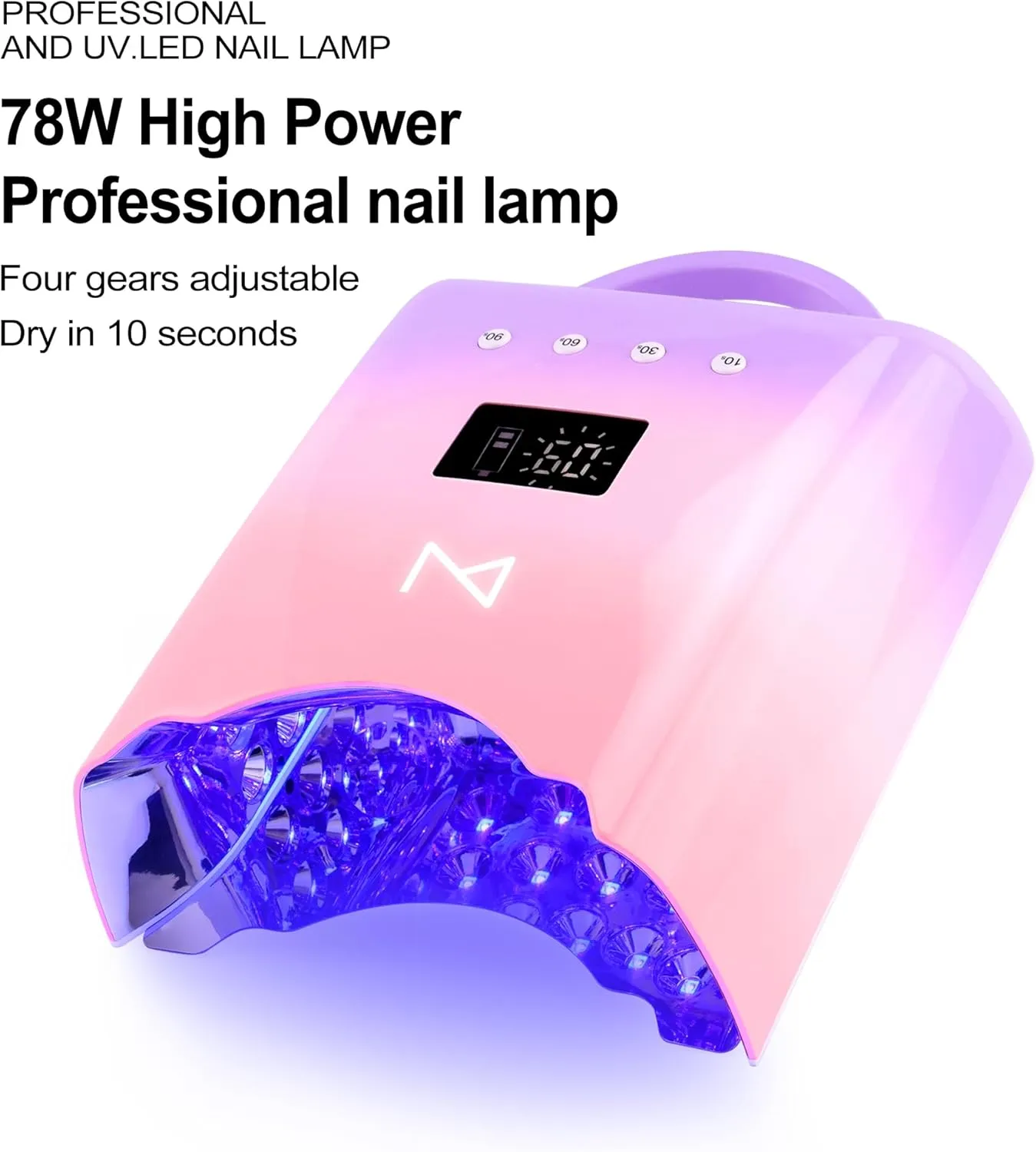 M - NEO Cordless & Rechargeable Nail Curing Lamp 78W with 4 LCD Time Display Timer, Auto Sensor, and Spacious Interior for All Hand Sizes and Nail Lengths (Gradient Purple Pink)