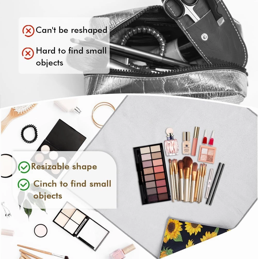Magic Cloth Makeup Bag, Magic Pocket Makeup Bag, Lazy Cosmetic Bag for Travel, 21.7 x 21.7 inches Open Lay Flat Organizer for Beauty Essentials(Sunflowers)