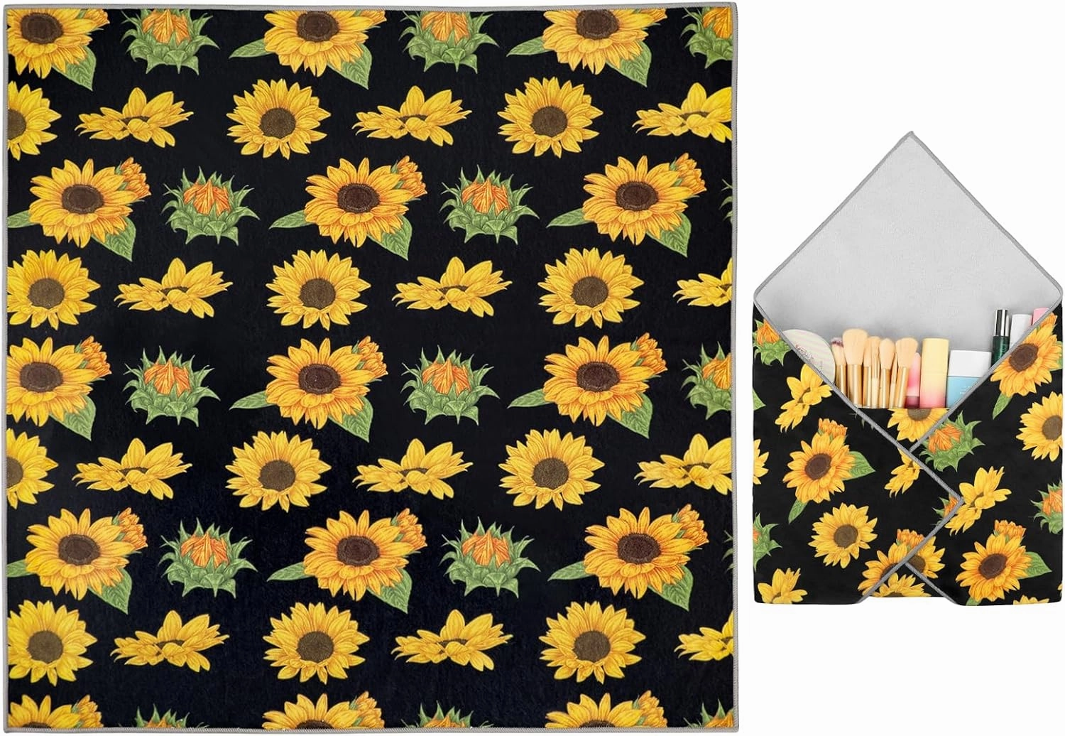 Magic Cloth Makeup Bag, Magic Pocket Makeup Bag, Lazy Cosmetic Bag for Travel, 21.7 x 21.7 inches Open Lay Flat Organizer for Beauty Essentials(Sunflowers)