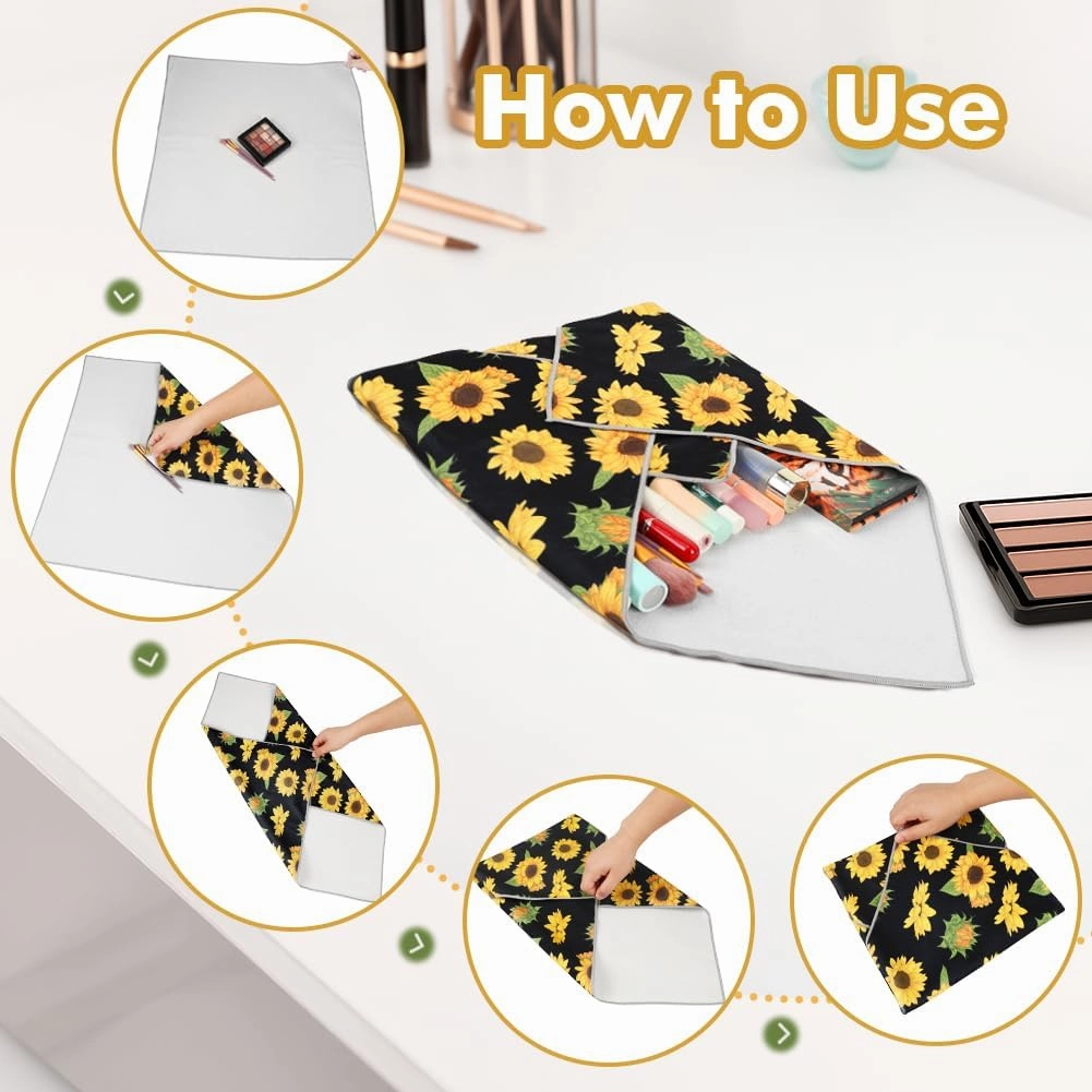 Magic Cloth Makeup Bag, Magic Pocket Makeup Bag, Lazy Cosmetic Bag for Travel, 21.7 x 21.7 inches Open Lay Flat Organizer for Beauty Essentials(Sunflowers)