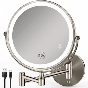 Magnifying Mirror with Lights 1x/15x: 8.5" Double Sided Wall Mounted Lighted Makeup Mirror for Bathroom, Brushed Nickel