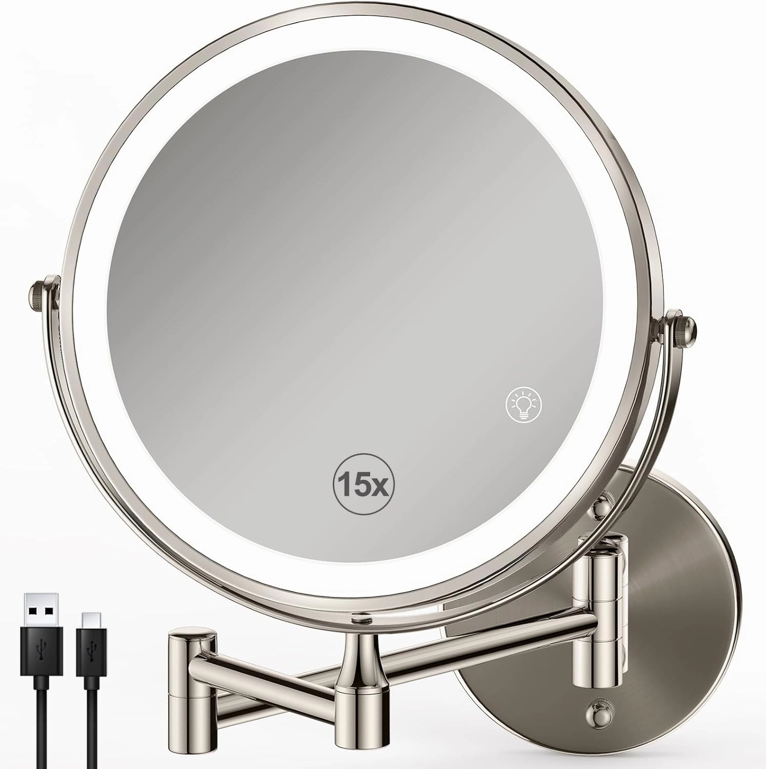 Magnifying Mirror with Lights 1x/15x: 8.5" Double Sided Wall Mounted Lighted Makeup Mirror for Bathroom, Brushed Nickel