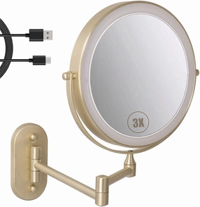 Makeup Mirror USB Rechargeable 8 Inches Wall Mounted Makeup Mirror LED Touch Screen Adjustable with 3 Color Lights Double Sided 1X/ 7X Magnifying Vanity Mirror Swivel Extendable for Bathroom, Gold