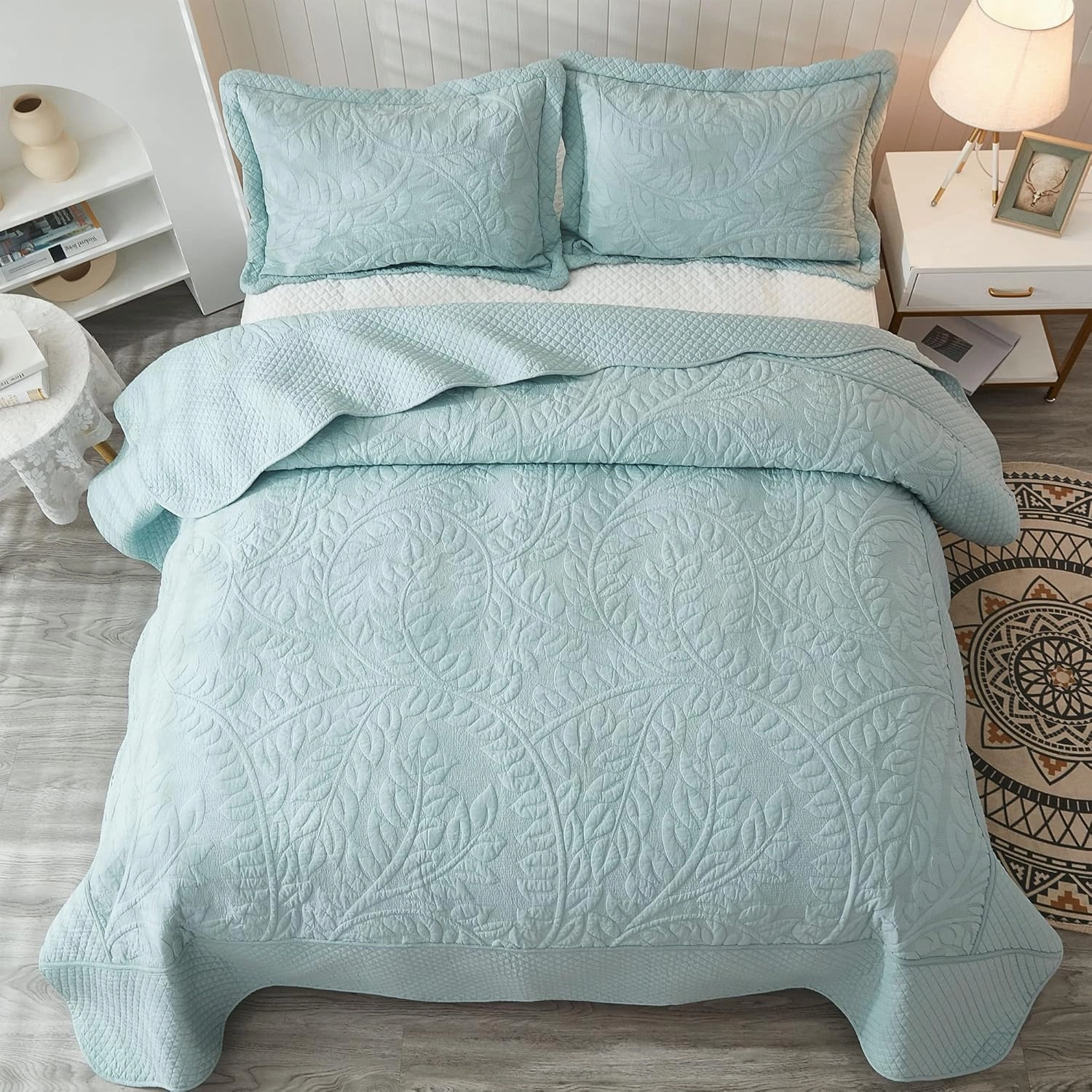 MarCielo 3-Piece 100% Cotton Oversized Bedspread Lightweight Quilt Coverlet Embroidery Farmhouse Bedding Set T0 (Aruba Blue, Queen (100"x106"))