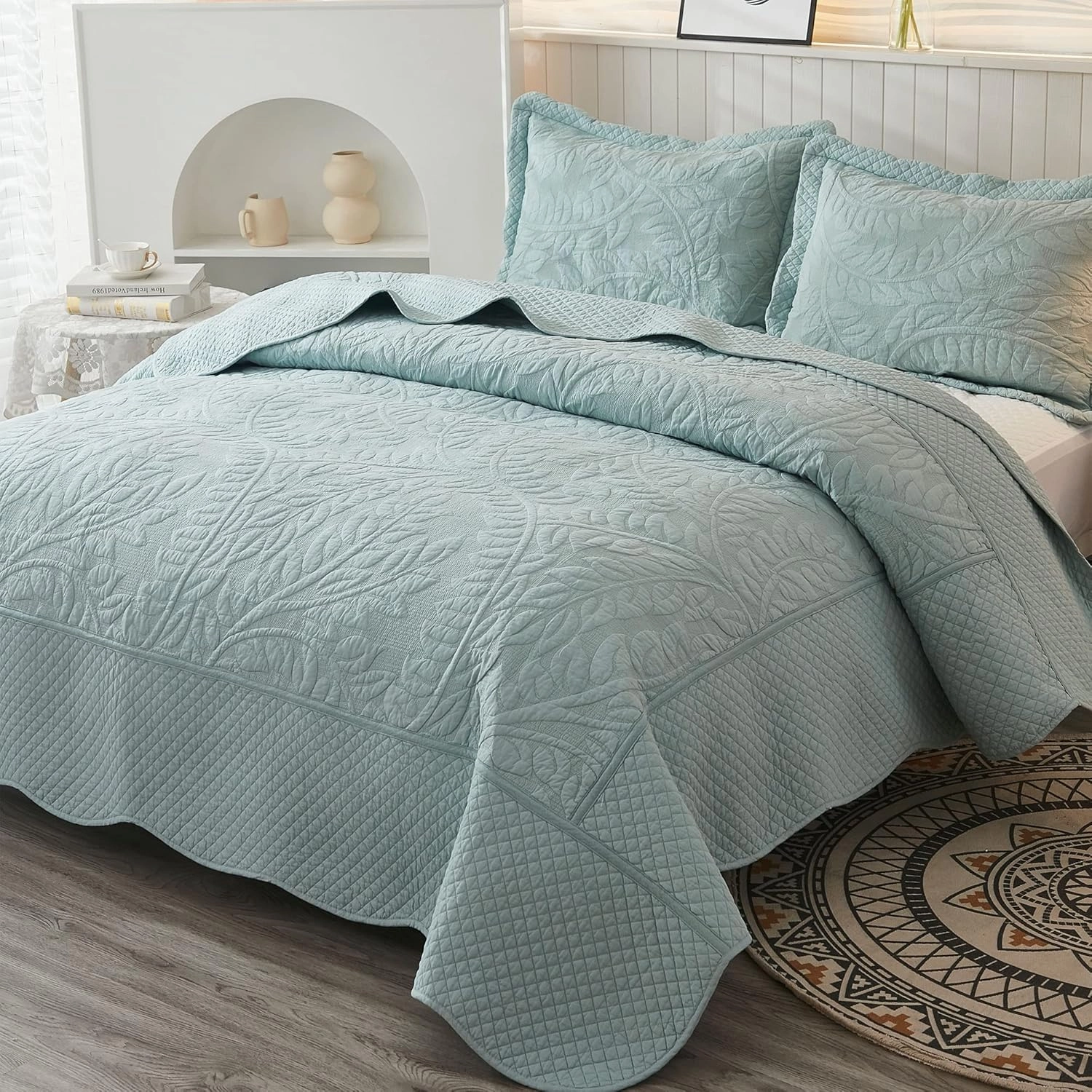 MarCielo 3-Piece 100% Cotton Oversized Bedspread Lightweight Quilt Coverlet Embroidery Farmhouse Bedding Set T0 (Aruba Blue, Queen (100"x106"))