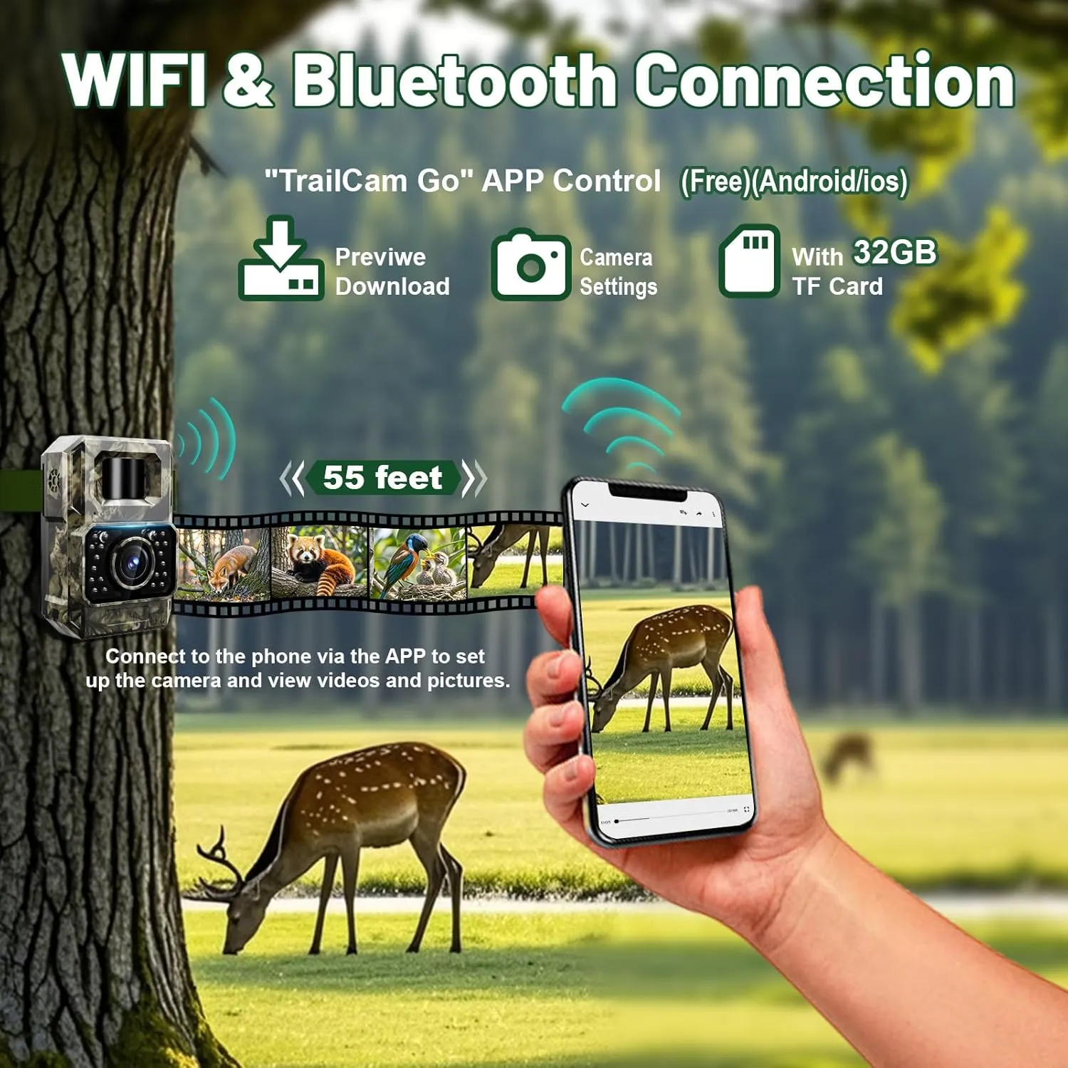 MAXDONE Trail Camera Bluetooth Game Camera, 2000mAh Built-in Battery Rechargeable Power Hunting Cameras with Night Vision Trail Cam Bluetooth 48MP Wildlife Cameras Wi-Fi Deer Cams (No Screen)