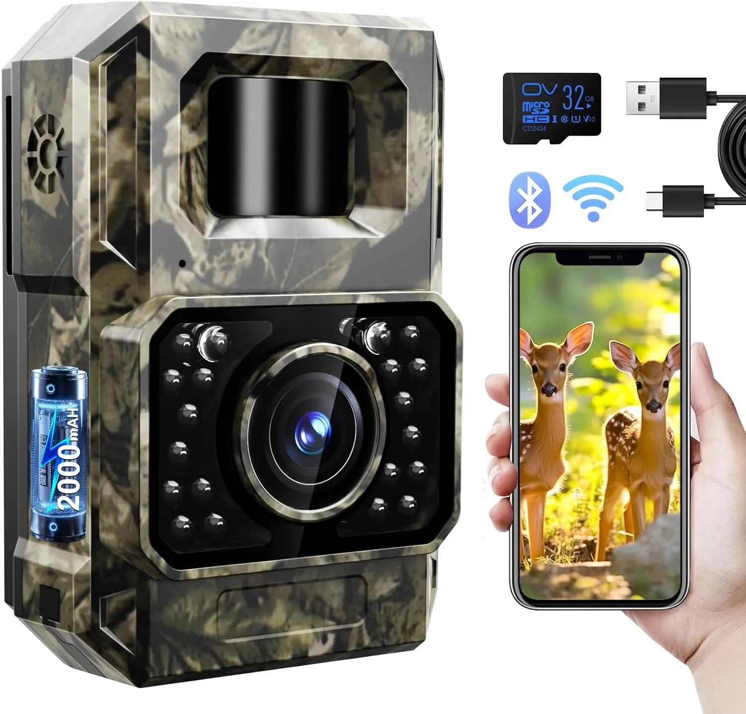 MAXDONE Trail Camera Bluetooth Game Camera, 2000mAh Built-in Battery Rechargeable Power Hunting Cameras with Night Vision Trail Cam Bluetooth 48MP Wildlife Cameras Wi-Fi Deer Cams (No Screen)