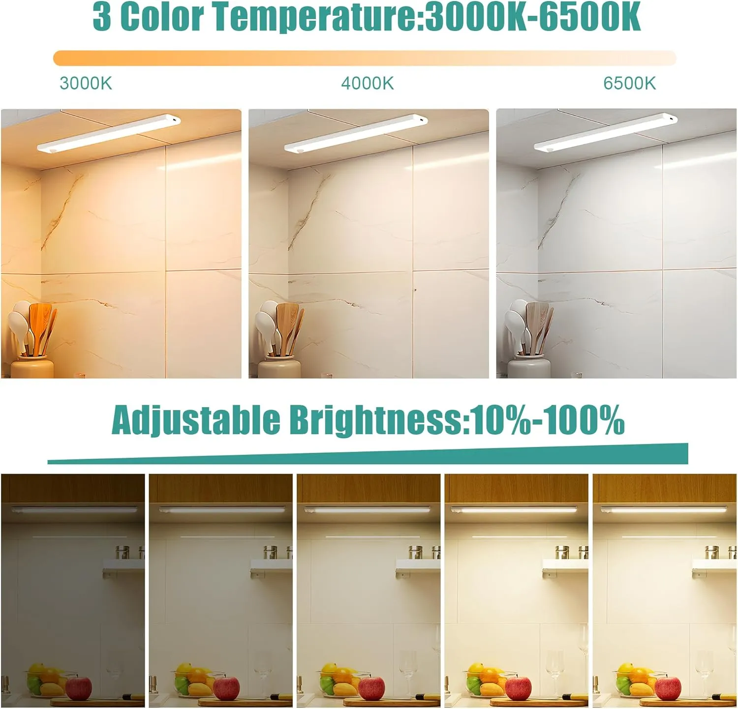 maylit 6 Pack Under Cabinet Lighting, 3 Color Temps Motion Sensor Light Indoor, Rechargeable Battery Operated Lights, Wireless Magnetic Light Bar for Kitchen Counter Closet Stair Shelf Display