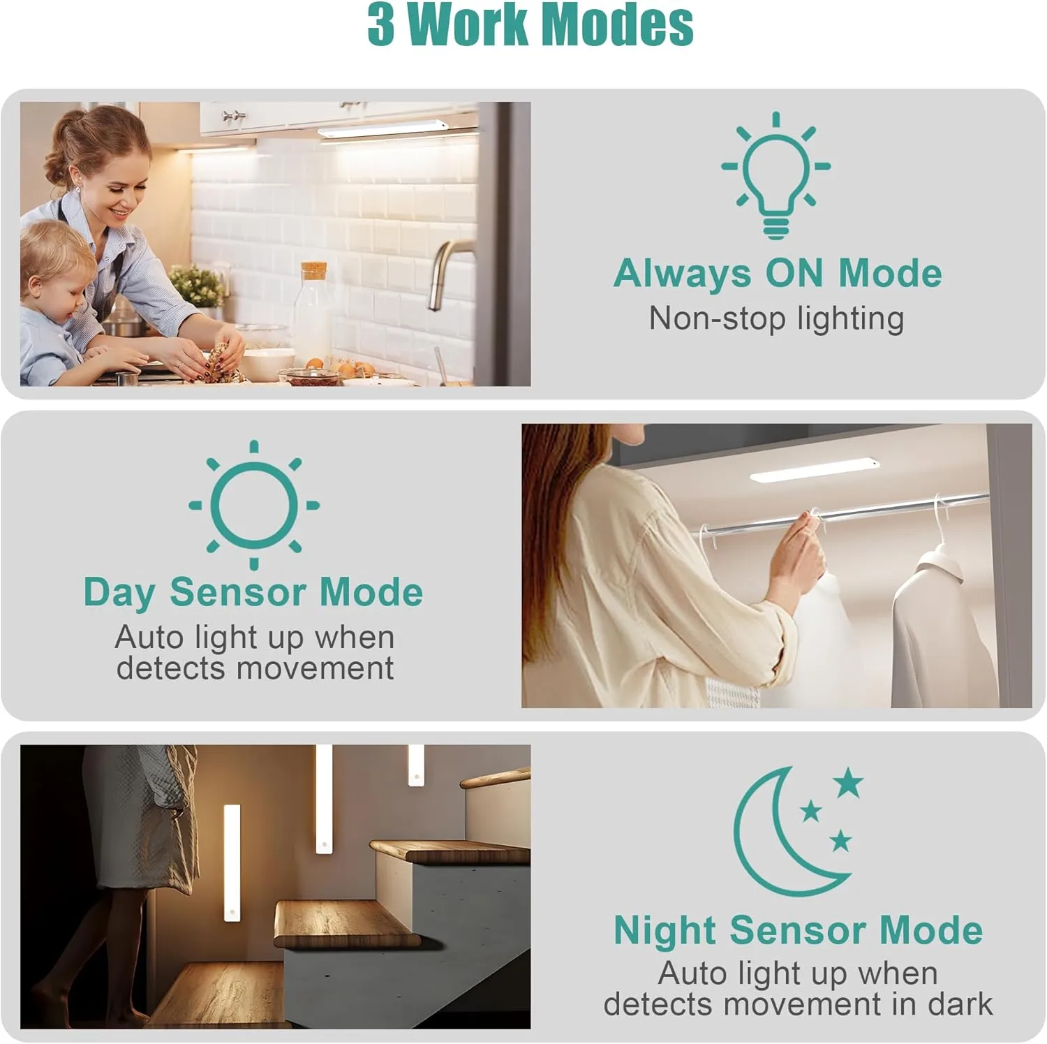 maylit 6 Pack Under Cabinet Lighting, 3 Color Temps Motion Sensor Light Indoor, Rechargeable Battery Operated Lights, Wireless Magnetic Light Bar for Kitchen Counter Closet Stair Shelf Display