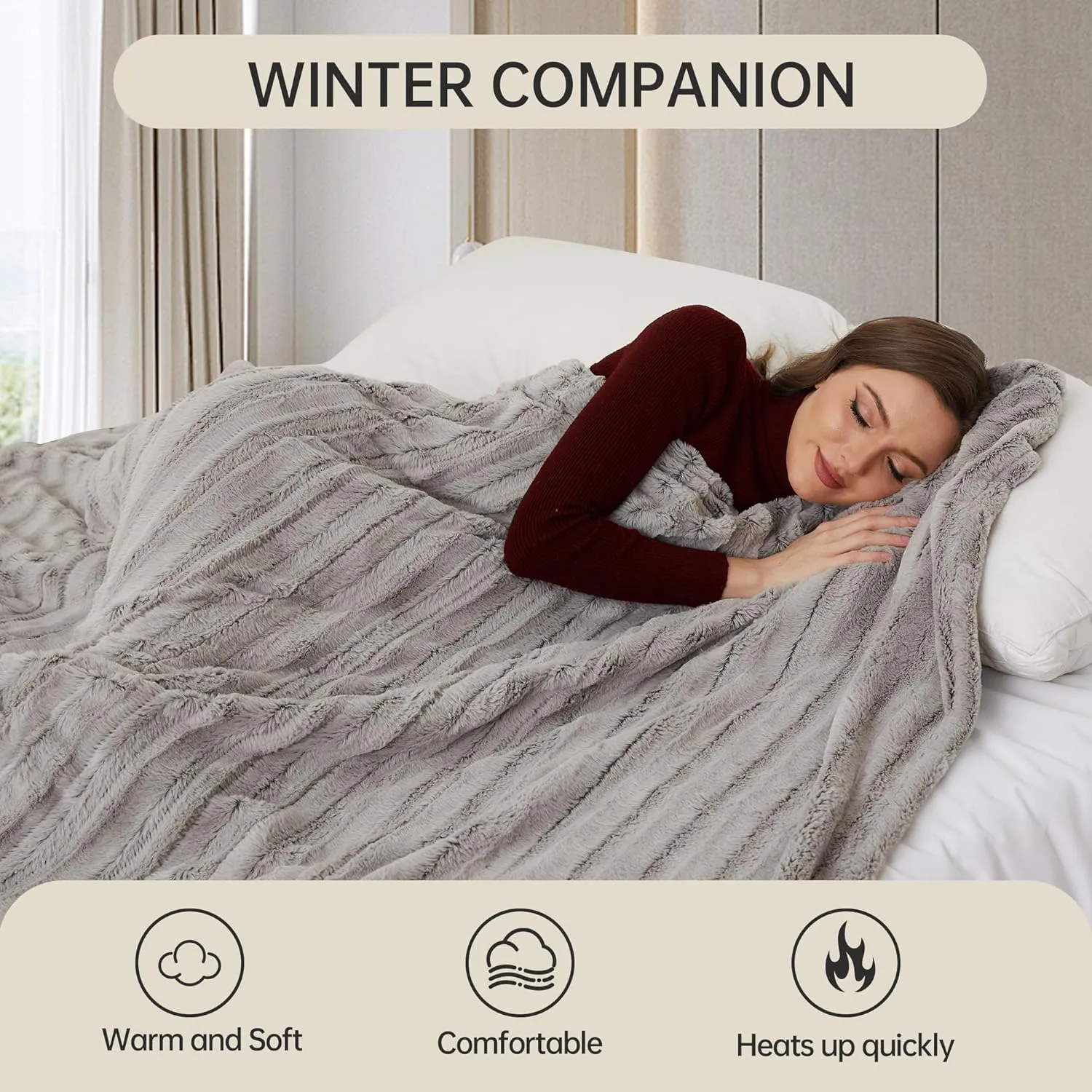 McJaw Electric Blanket Heated Full Size,72''x84'' Faux Fur Blanket with 10 Hour Auto Off & 4 Heating Levels, Machine Washable, Light Brown