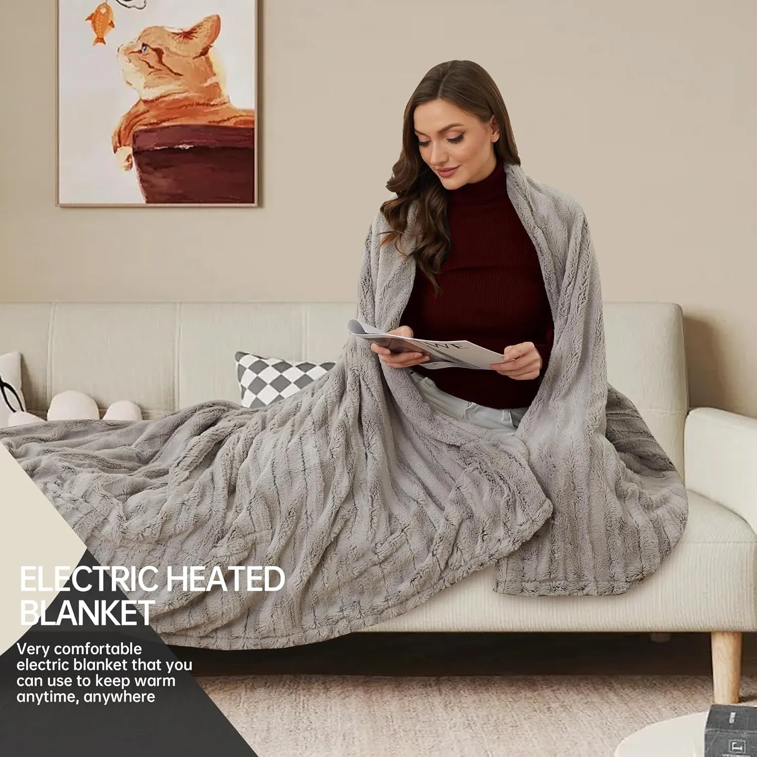 McJaw Electric Blanket Heated Full Size,72''x84'' Faux Fur Blanket with 10 Hour Auto Off & 4 Heating Levels, Machine Washable, Light Brown