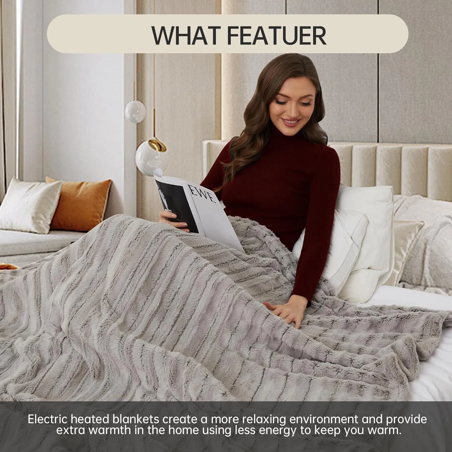 McJaw Electric Blanket Heated Full Size,72''x84'' Faux Fur Blanket with 10 Hour Auto Off & 4 Heating Levels, Machine Washable, Light Brown