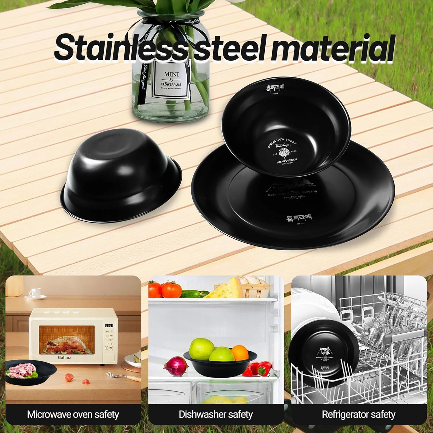 Medium Stainless Steel Plate Portable Non-stick Dinnerware for Youth, Adults, Family, Camping, Hiking, Beach, Outdoor Use 7.09 inch Black (5 packs set black)