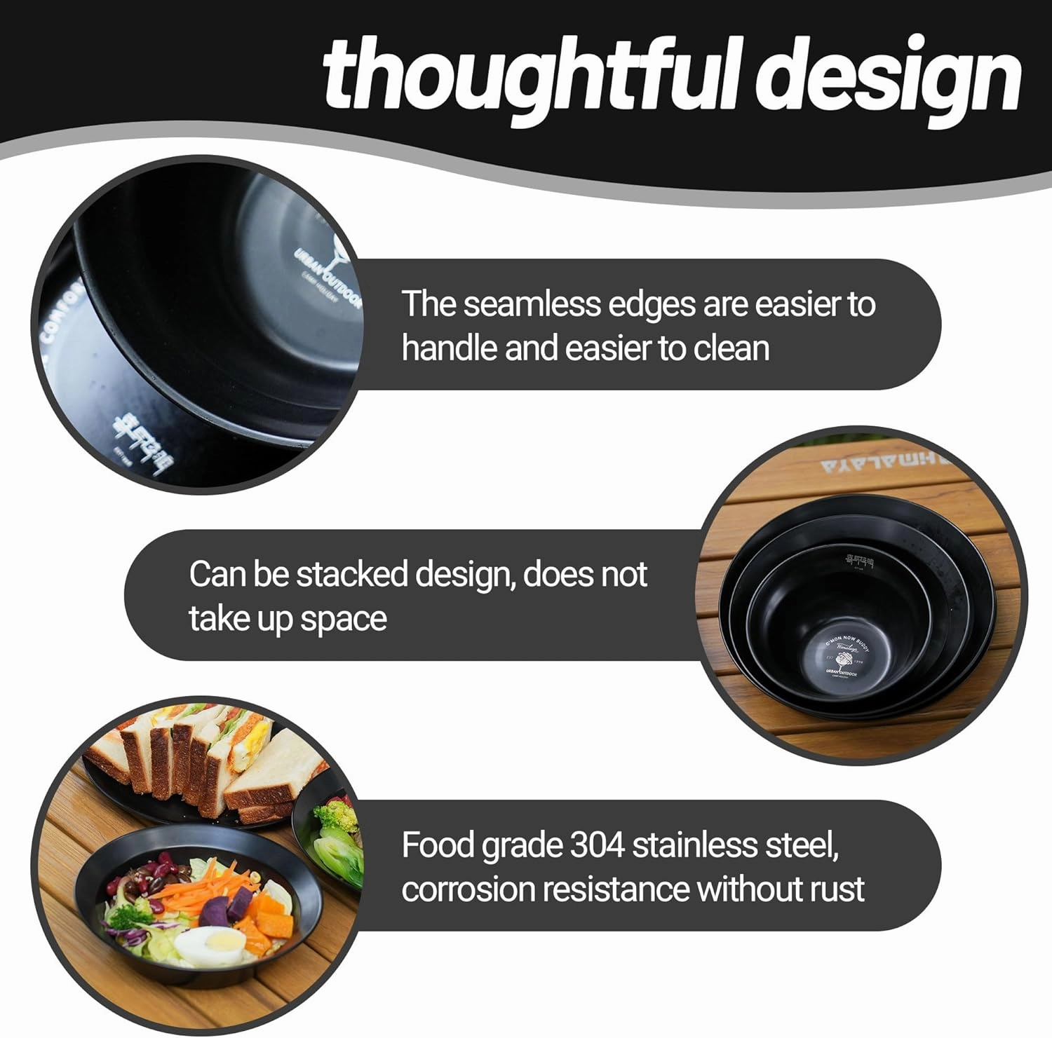 Medium Stainless Steel Plate Portable Non-stick Dinnerware for Youth, Adults, Family, Camping, Hiking, Beach, Outdoor Use 7.09 inch Black (5 packs set black)