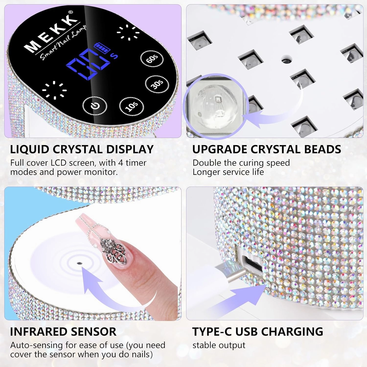 MEKK Cordless Mini UV Light for Gel Nails - 24W Rechargeable Mini UV LED Nail Lamp with Touch Control & Auto Sensor,Diamond Flash Cure Lamp,4 Timers,Portable Nail Light for Salon & Home-Diamond White