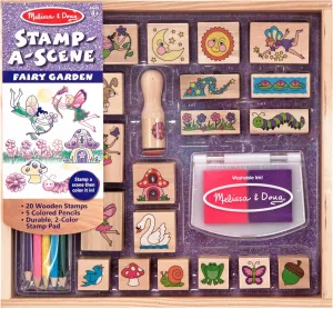 Melissa & Doug Stamp-a-Scene Stamp Pad: Fairy Garden - 20 Wooden Stamps, 5 Colored Pencils, and 2-Color Stamp Pad