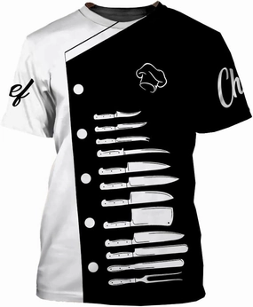 Mens 3D Print Chef T-Shirt Short Sleeve Chef Coat Chef Jacket Pattern Quick Dry Cook Shirt BBQ Shirt