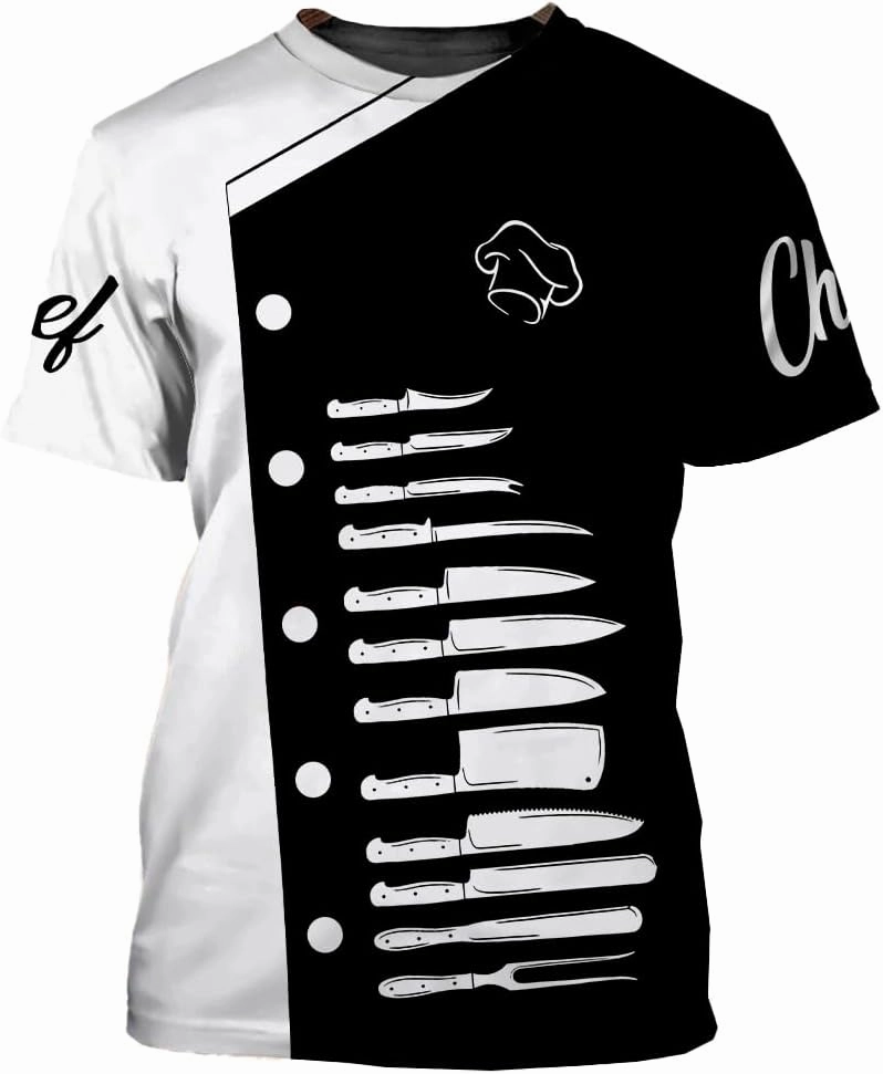 Mens 3D Print Chef T-Shirt Short Sleeve Chef Coat Chef Jacket Pattern Quick Dry Cook Shirt BBQ Shirt
