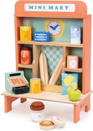 Mentari Toys - Mini Mart - 18pc Wooden Grocery Set and Stand - Pretend Play Food and Shopping Set for Kids - Encourages Social Skills, Imaginative Play, and Early Math - Age 3 