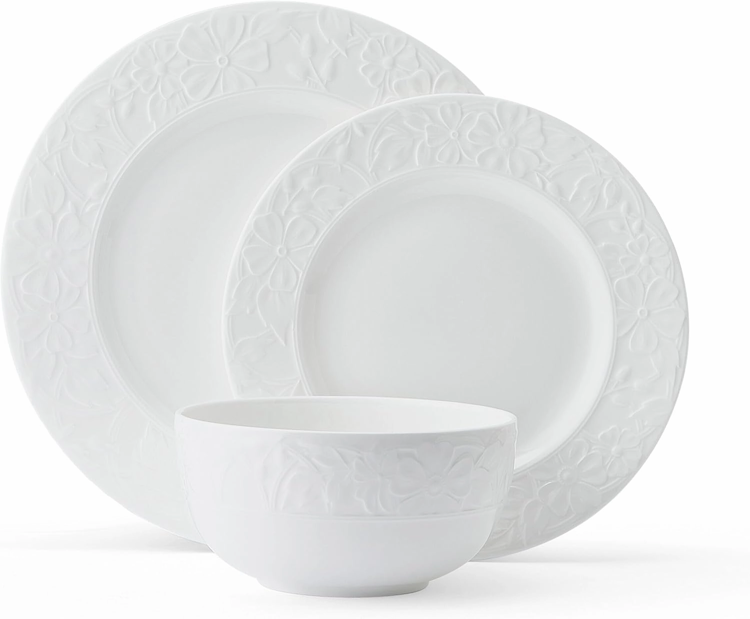 Mikasa Claire Floral Bone China Lightweight Chip Resistant 12 Piece Dinnerware Set, Service for 4, White
