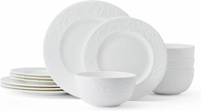 Mikasa Claire Floral Bone China Lightweight Chip Resistant 12 Piece Dinnerware Set, Service for 4, White