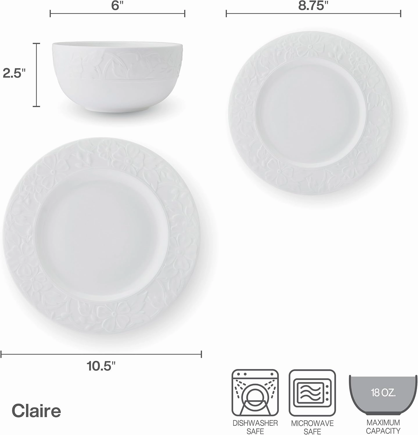 Mikasa Claire Floral Bone China Lightweight Chip Resistant 12 Piece Dinnerware Set, Service for 4, White
