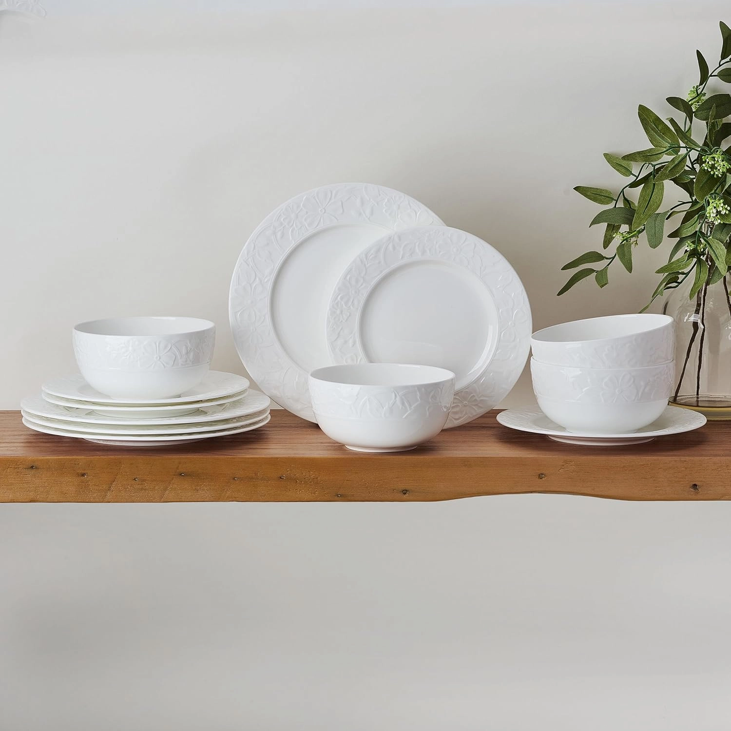 Mikasa Claire Floral Bone China Lightweight Chip Resistant 12 Piece Dinnerware Set, Service for 4, White