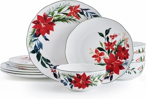 Mikasa Merry Poinsettia Holiday Bone China Lightweight Chip Resistant 12 Piece Dinnerware Set, Service for 4