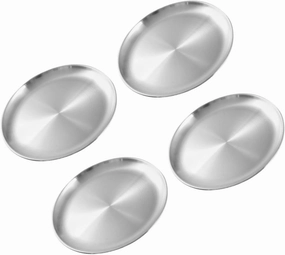 Mikinona Metal Camping Plates Set 4pcs Stainless Steel Round Dinner Plates Baking Trays Grill Trays for Outdoor Cooking
