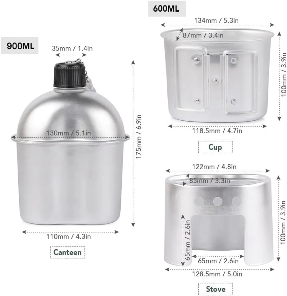 Military Canteen Set of 4, Canteen Cup Stove Pouch Kit, Camping Cookware Sets, Multi-Functional Water Bottle, for Outdoor Camping Survival Hiking Backpacking