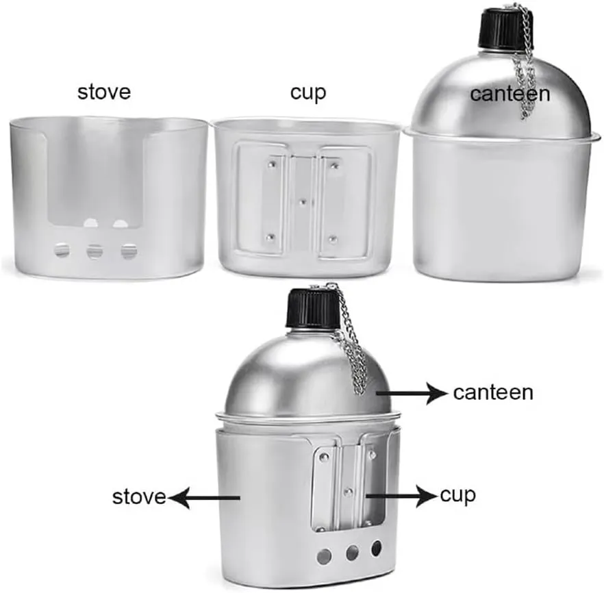 Military Canteen Set of 4, Canteen Cup Stove Pouch Kit, Camping Cookware Sets, Multi-Functional Water Bottle, for Outdoor Camping Survival Hiking Backpacking