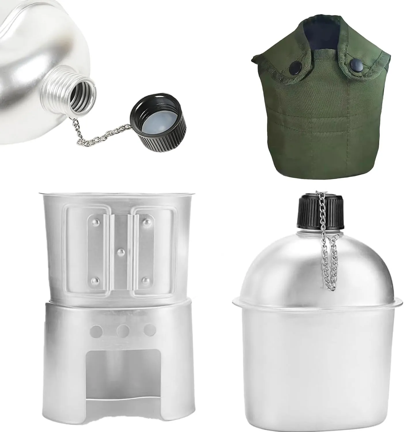 Military Canteen Set of 4, Canteen Cup Stove Pouch Kit, Camping Cookware Sets, Multi-Functional Water Bottle, for Outdoor Camping Survival Hiking Backpacking